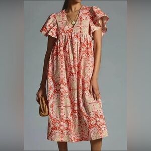 Anthropologie Coral and Cream Patterned Midi Dress